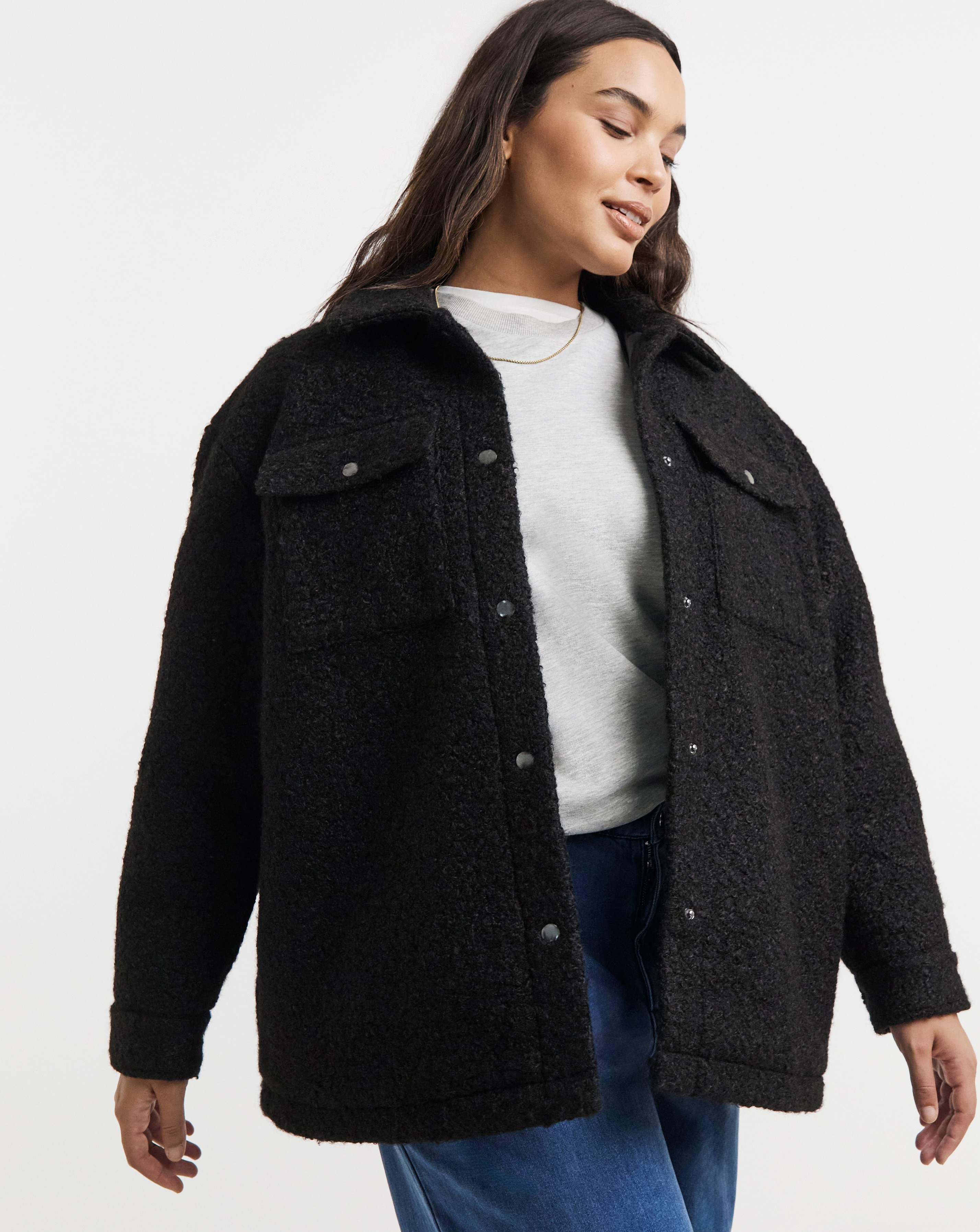 Black Plush Teddy Pocket Shacket