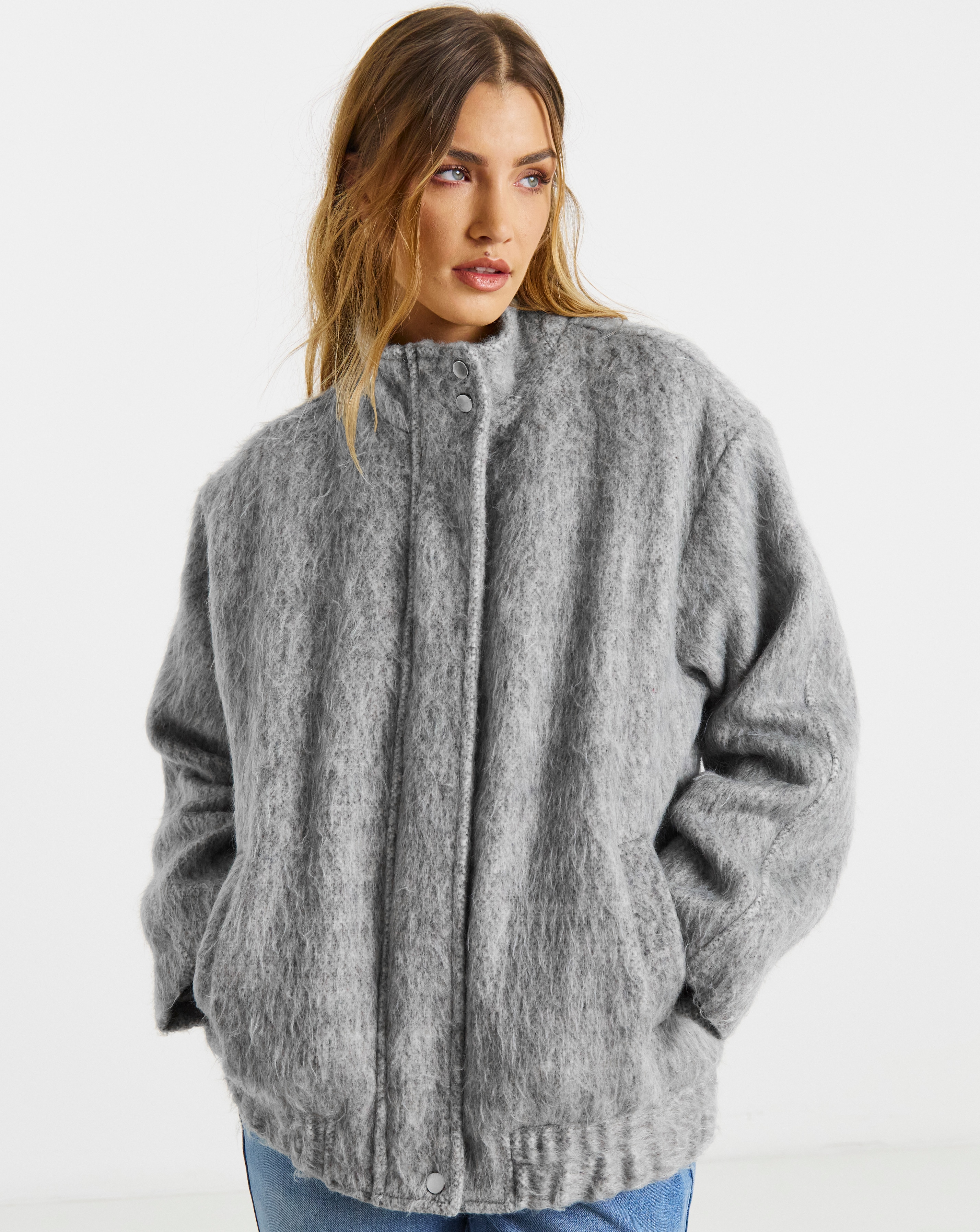 SBE Grey Wool Look Funnel Neck Jacket