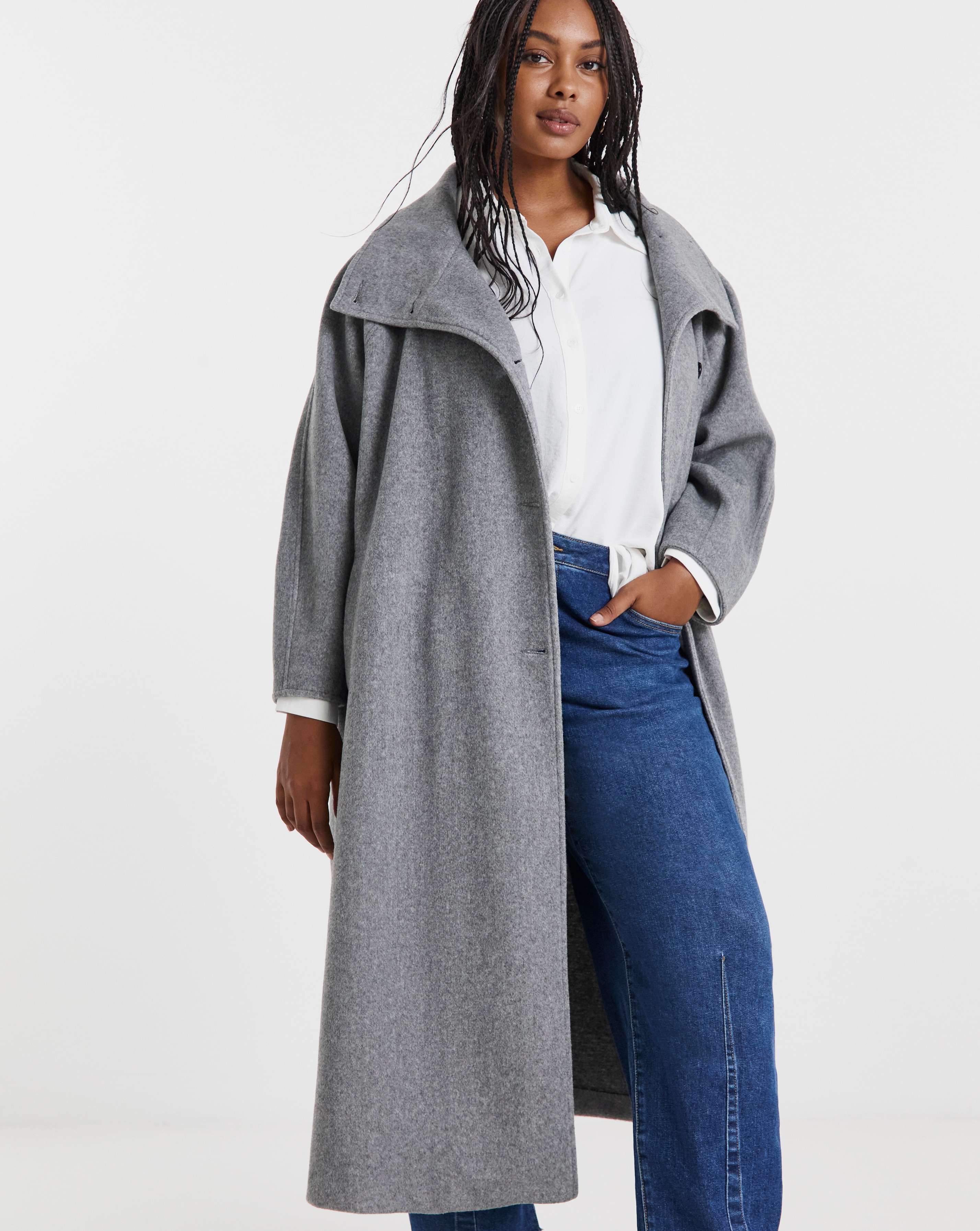 New In - Grey Funnel Neck Faux Wool Coat