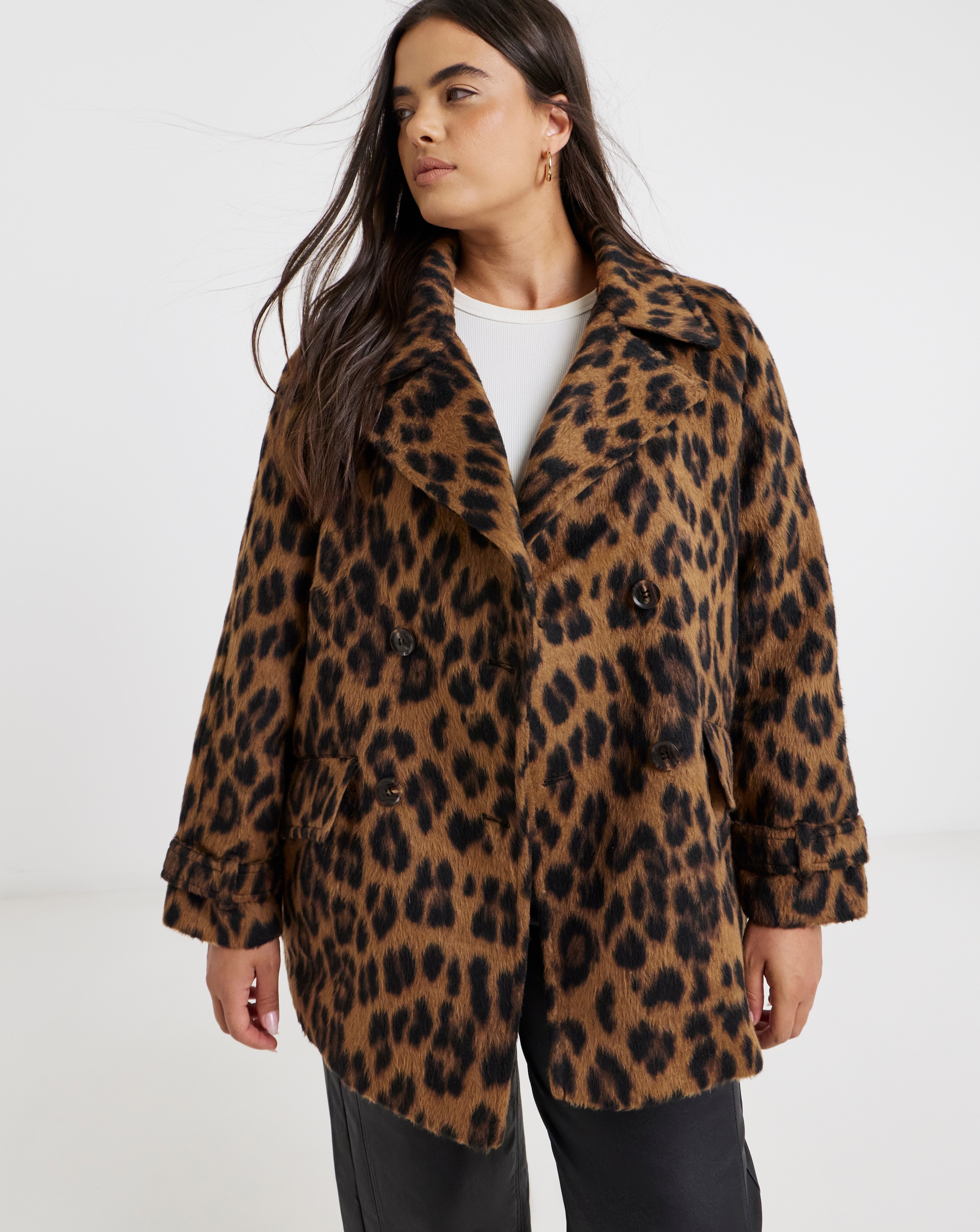 New In - Leopard Print Premium Wool Look Pea Coat
