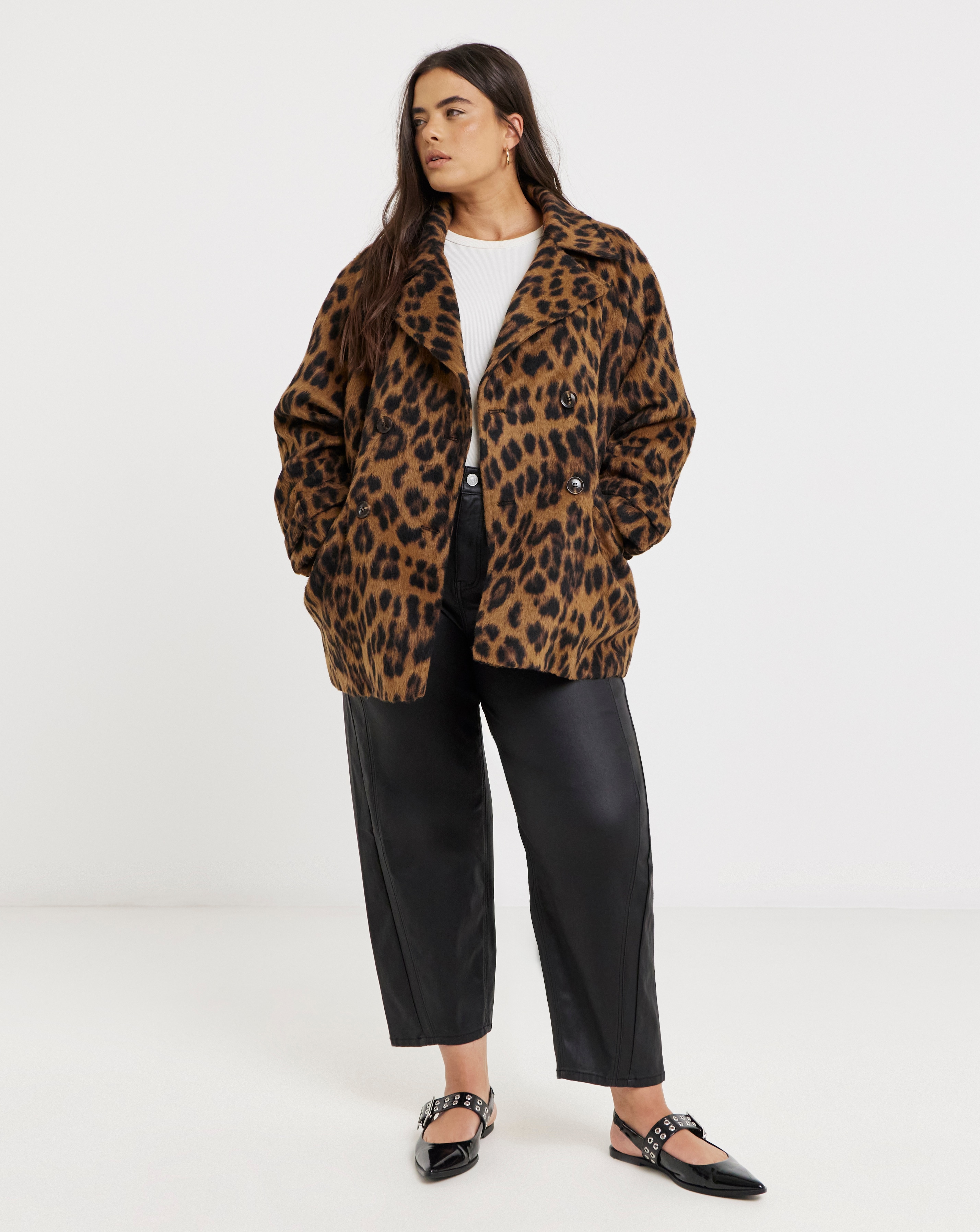 Leopard Print Premium Wool Look Pea Coat