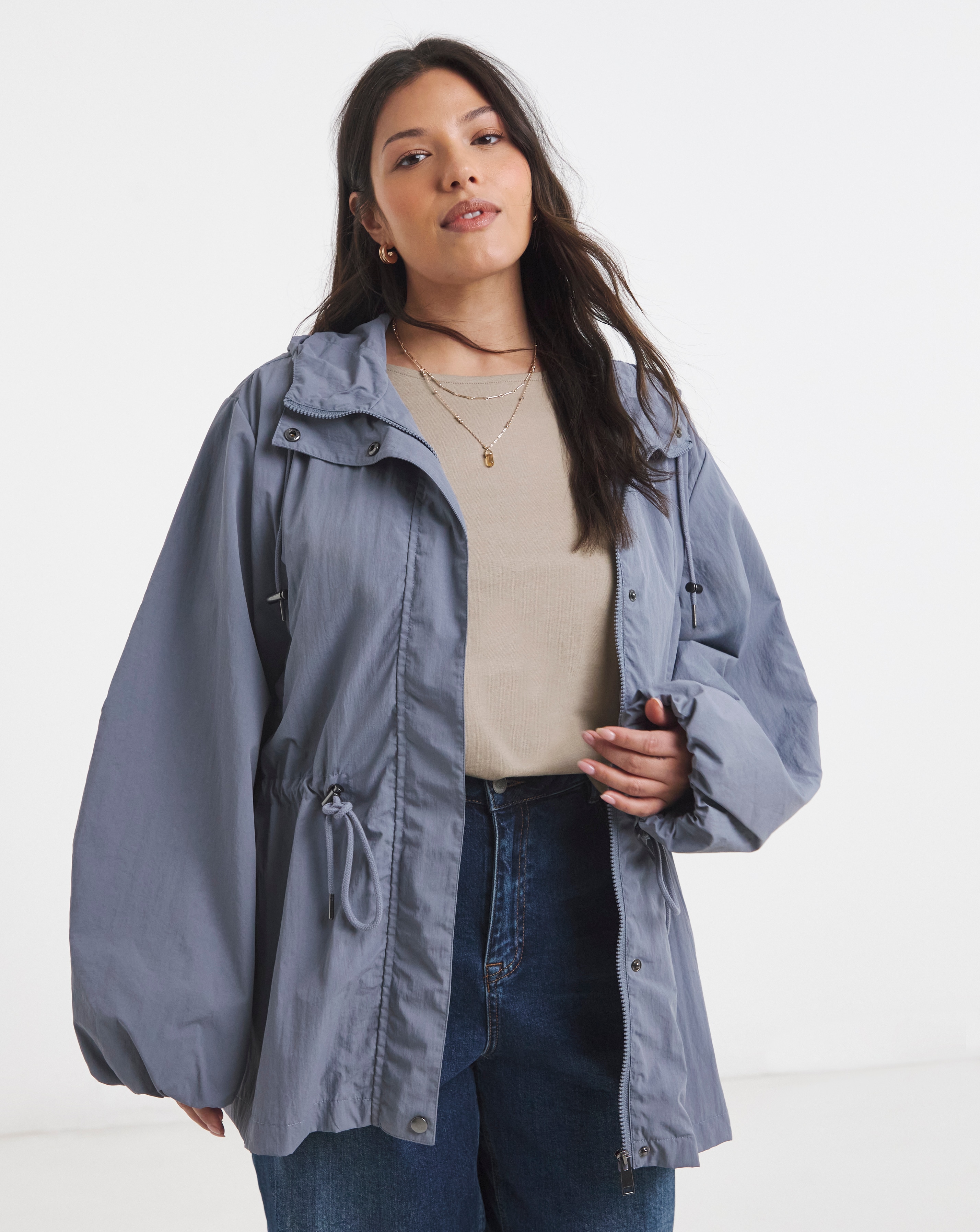 New In - Slate Blue Waist Detail Hooded Parka