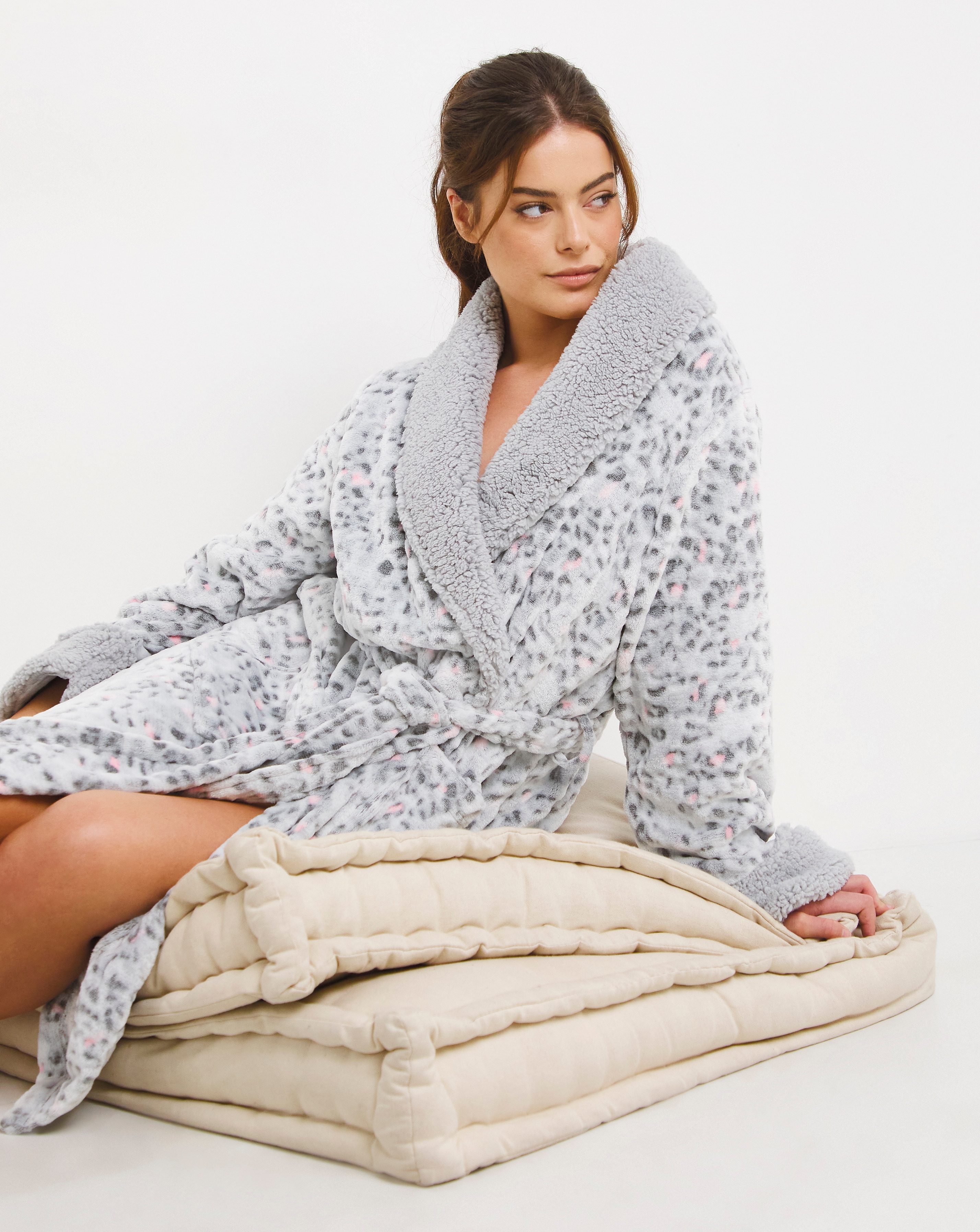 Pretty Secrets Leopard Fleece Dressing Gown with Contrast Details