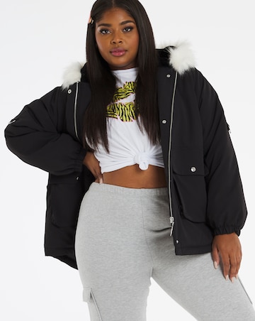 Black Oversized Dip Hem Parka Coat