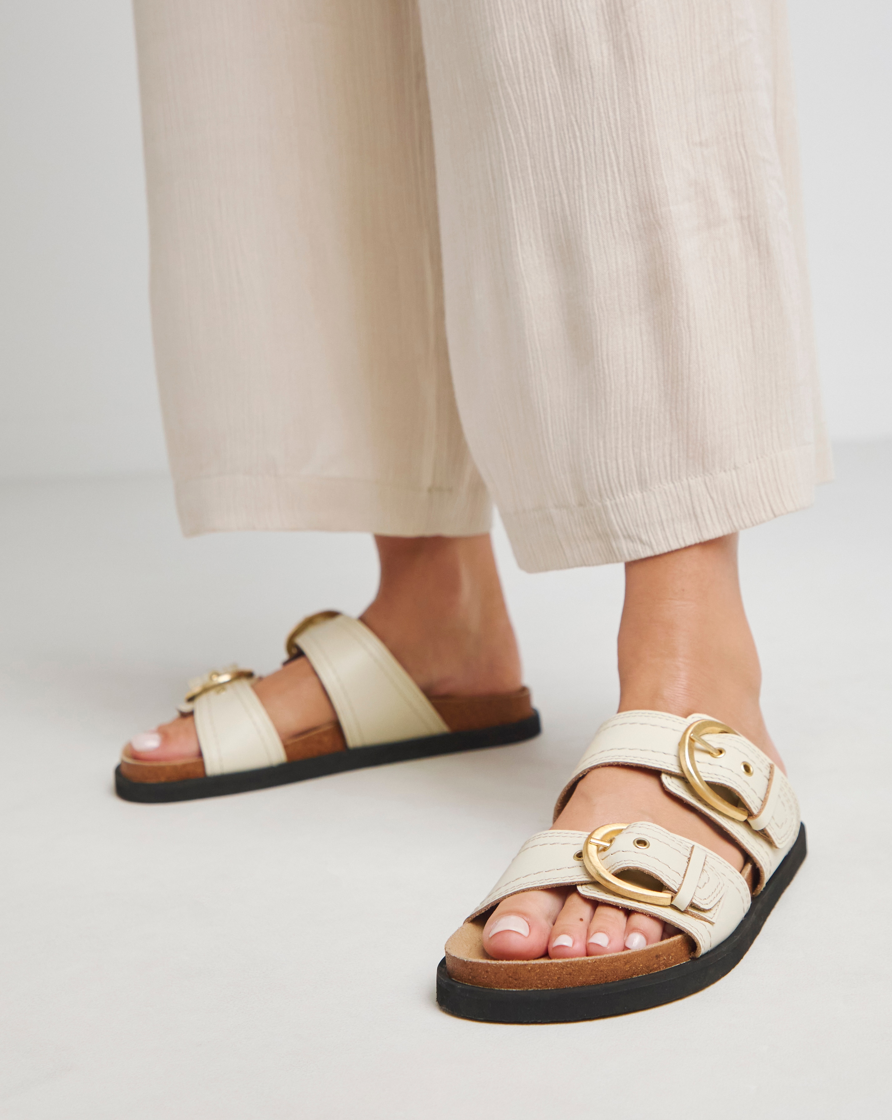 Leather Double Buckle Sandal Wide