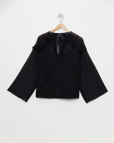 Joanna Hope Dobby Spot Ruffle Blouse - Black
