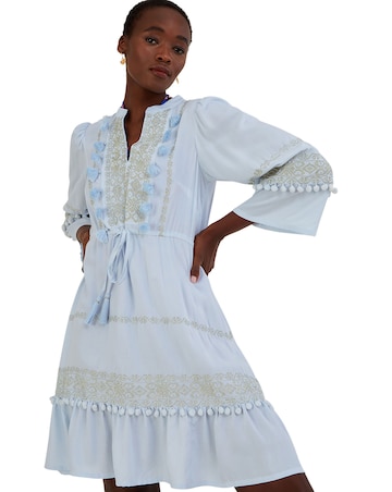 Monsoon Embroidered Pom-Pom Kaftan Dress