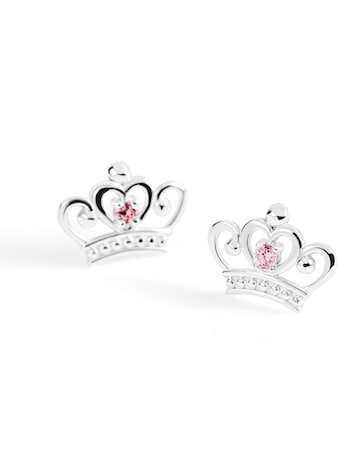 Sterling Silver Disney Princess Crown Pink Stone Set Stud Earrings