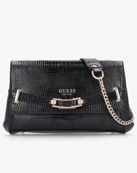 Guess Silvye Black Moc Croc Shoulder Bag