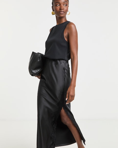 Black Satin Lace Trim Maxi Skirt