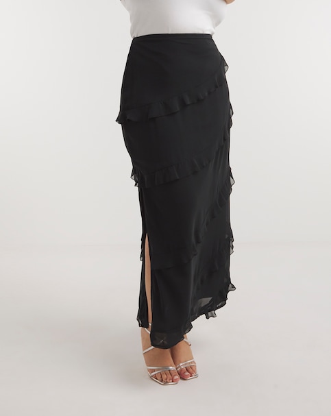 Black Tiered Ruffle Maxi Skirt - Black