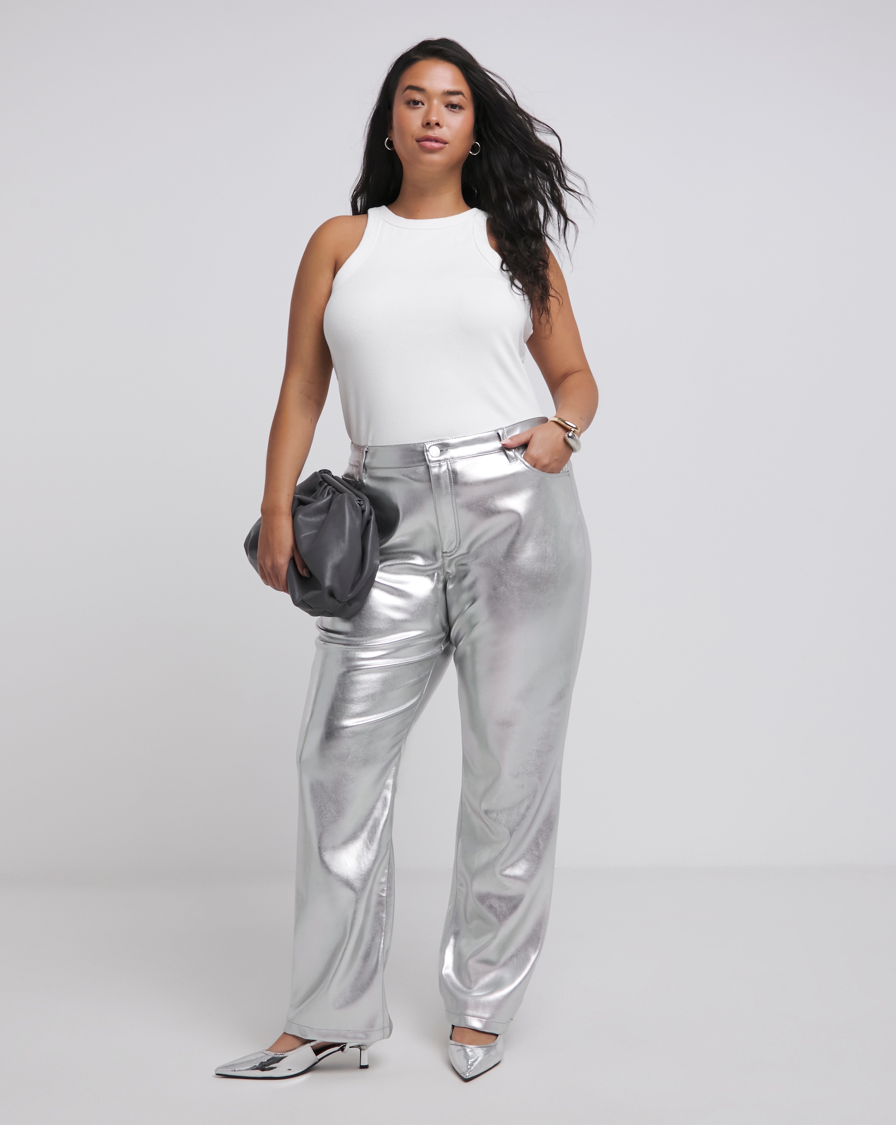 Metallic PU Straight Leg Trousers