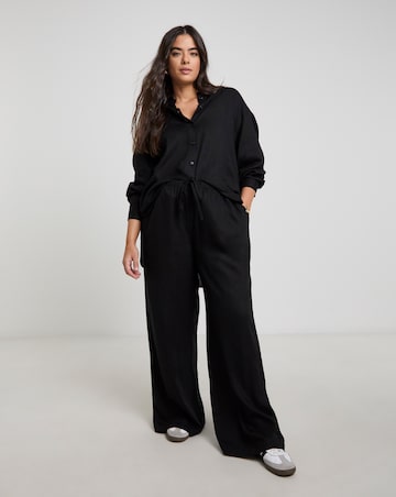 Black Tie Waist Linen Mix Wide Leg Trousers