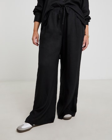 Black Tie Waist Linen Mix Wide Leg Trousers