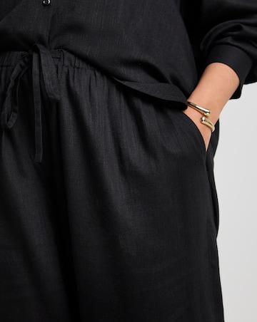 Black Tie Waist Linen Mix Wide Leg Trousers