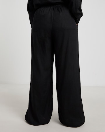 Black Tie Waist Linen Mix Wide Leg Trousers