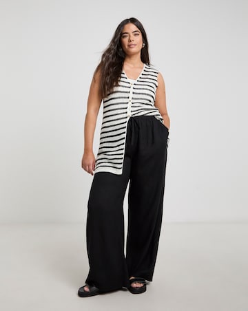 Black Tie Waist Linen Mix Wide Leg Trousers