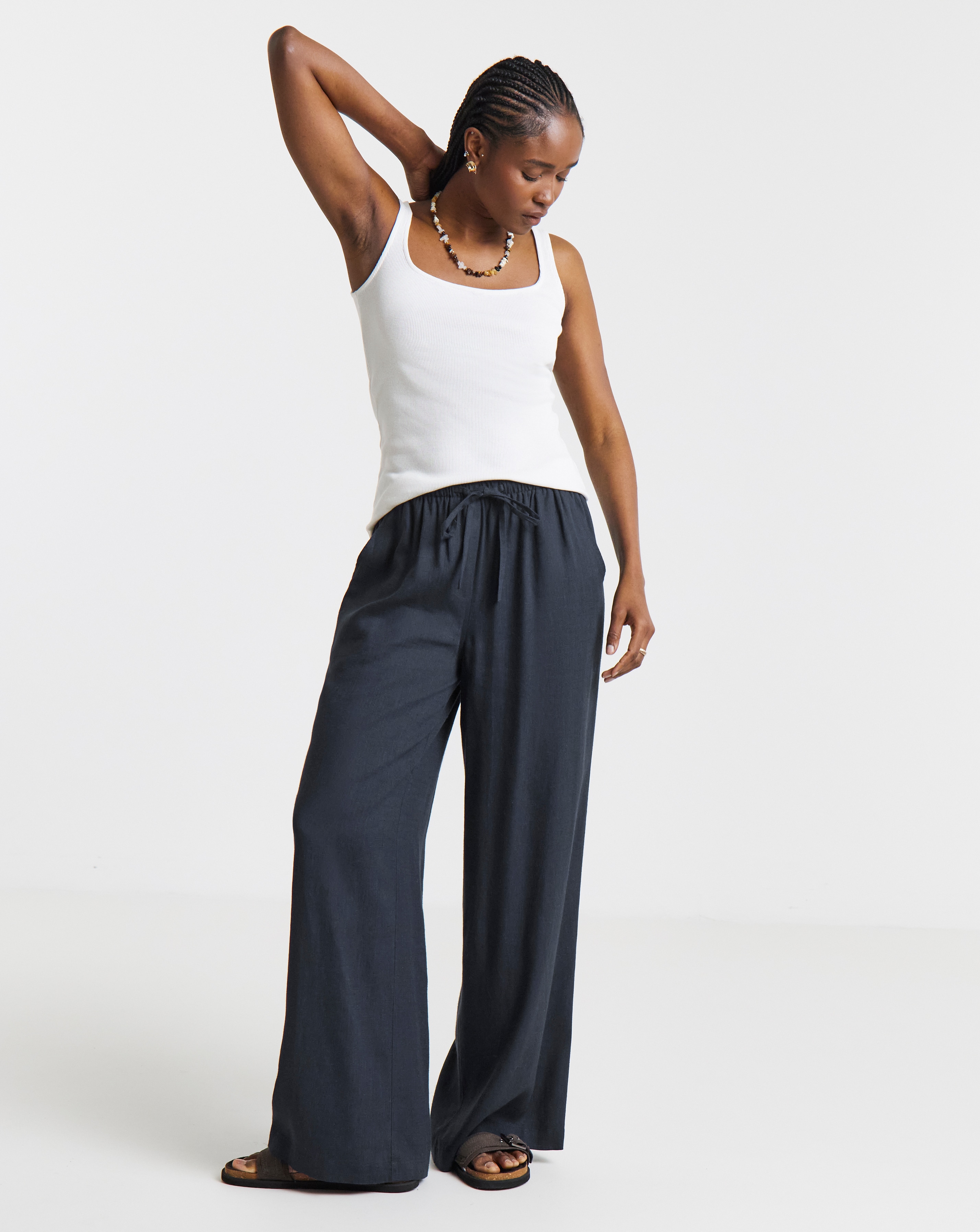 New In - Tie Waist Wide Leg Linen Mix Trousers
