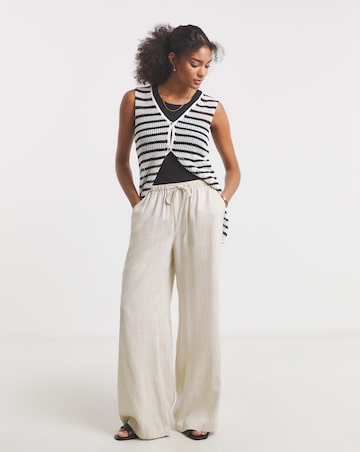 Stone Tie Waist Linen Mix Wide Leg Trousers