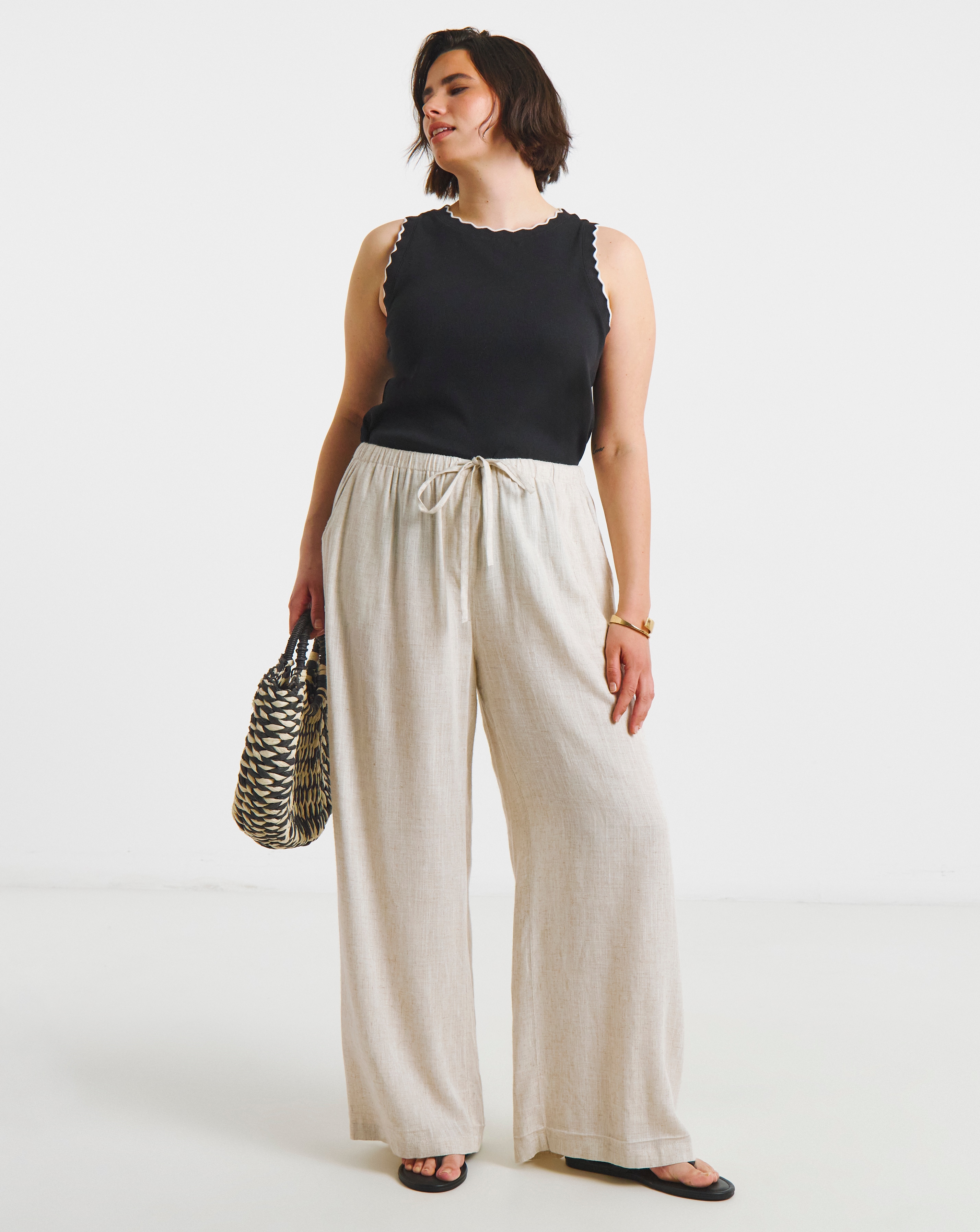 New In - Tie Waist Wide Leg Linen Mix Trousers