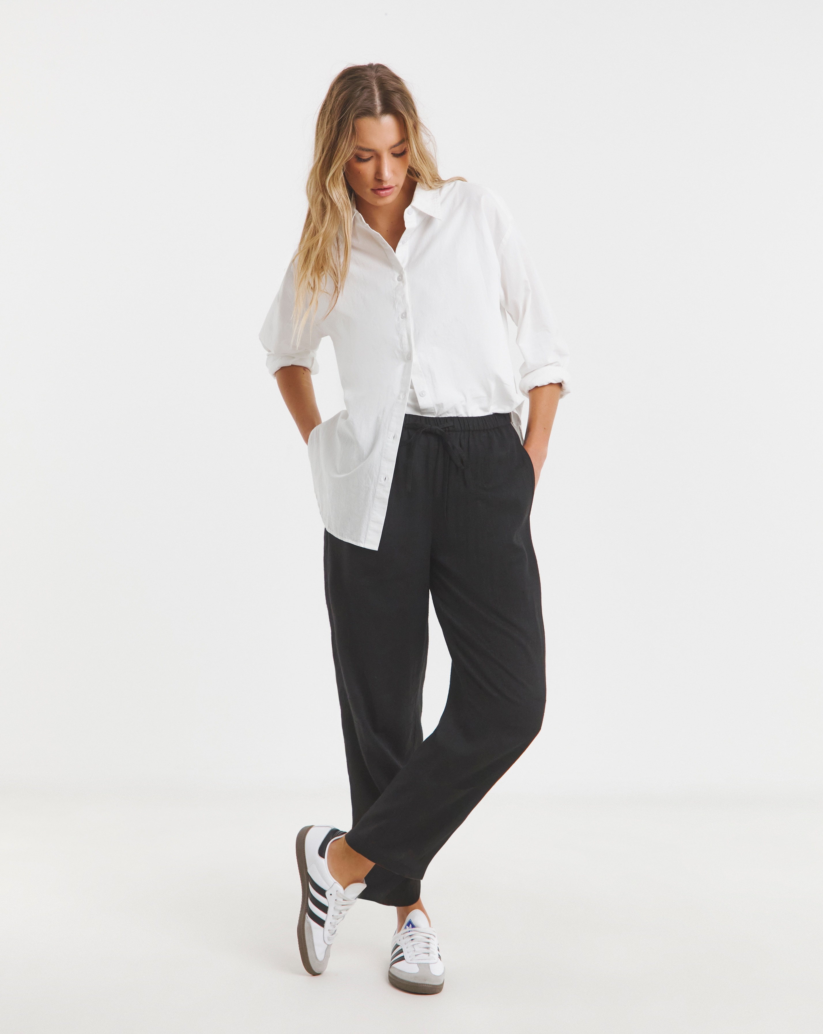 Tie Waist Linen Mix Barrel Leg Trouser