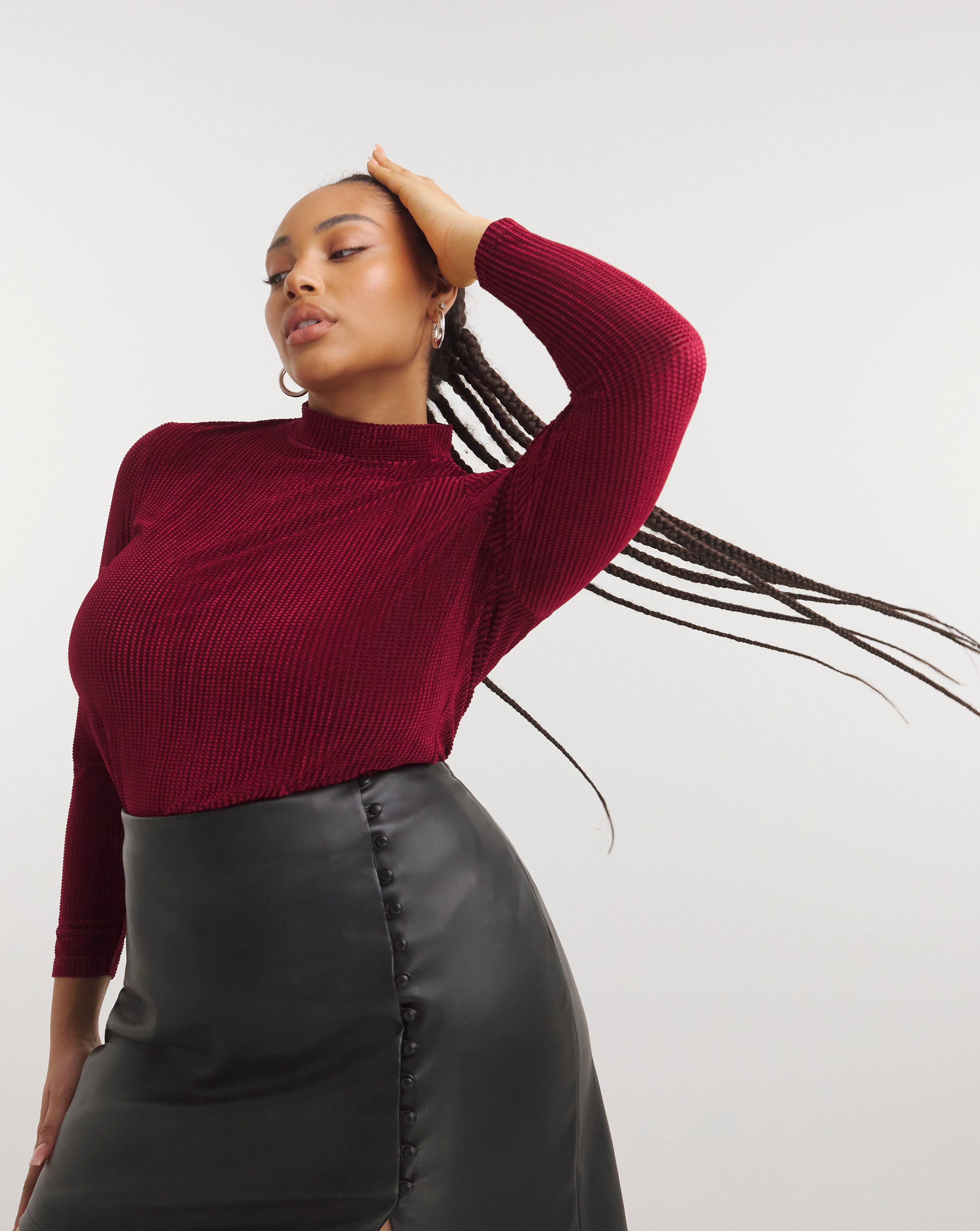 Burgundy Textured Velour High Neck Top