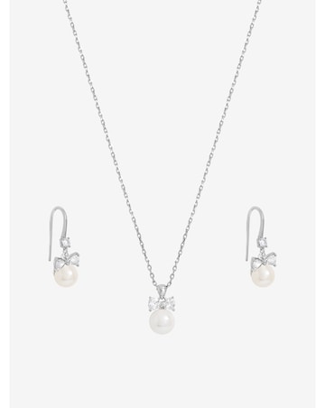 Jon Richard Rhodium Plated Crystal Bow and Pearl Drop Set - Gift Box