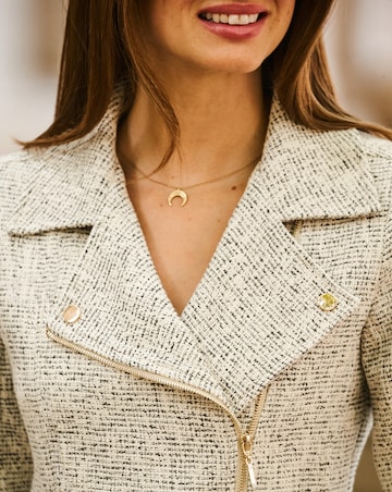 Sosandar Natural Boucle Biker Jacket With Gold Zip Detail