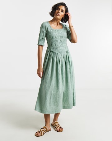 Native Youth Tonal Polka Jacquard Shirred Bodice Gathered Midi Dress
