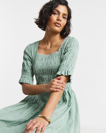 Native Youth Tonal Polka Jacquard Shirred Bodice Gathered Midi Dress