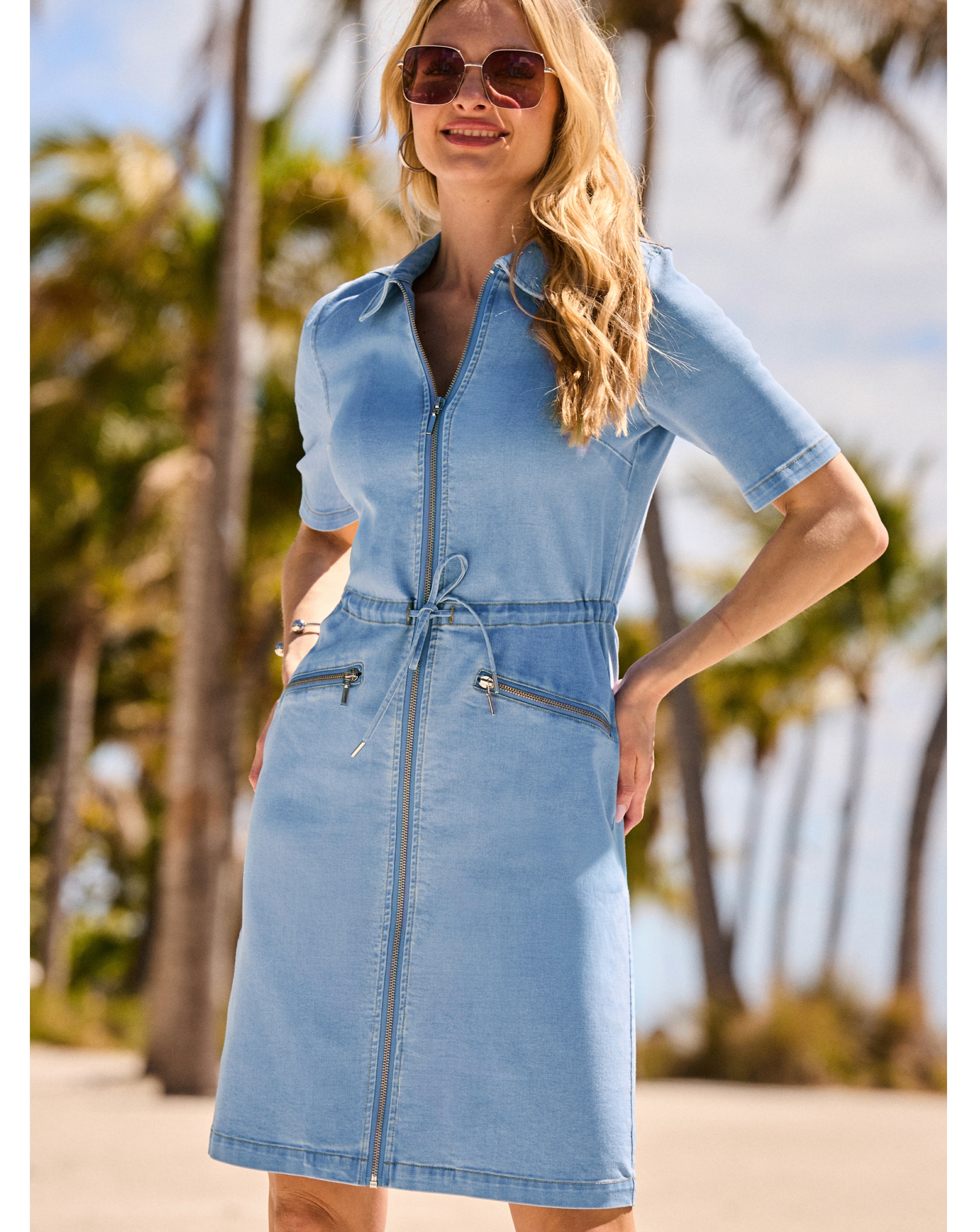 New In - Sosandar ZIP Front A Line Denim Dress