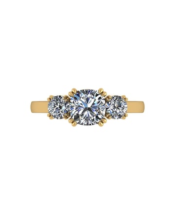 9ct Gold 1.60ct total eq Cushion and  Round Brilliant Moissanite Trilogy Ring