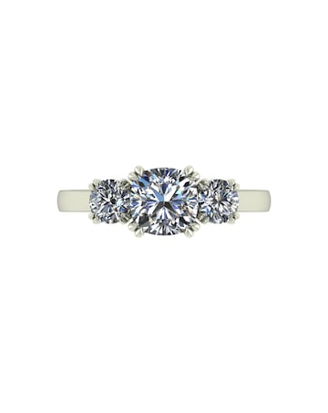 9ct Gold 1.60ct total eq Cushion and  Round Brilliant Moissanite Trilogy Ring