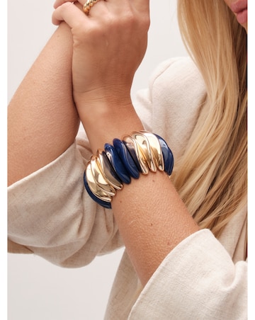 Mood Gold Blue Resin And Polished Pebble Stretch Bracelet