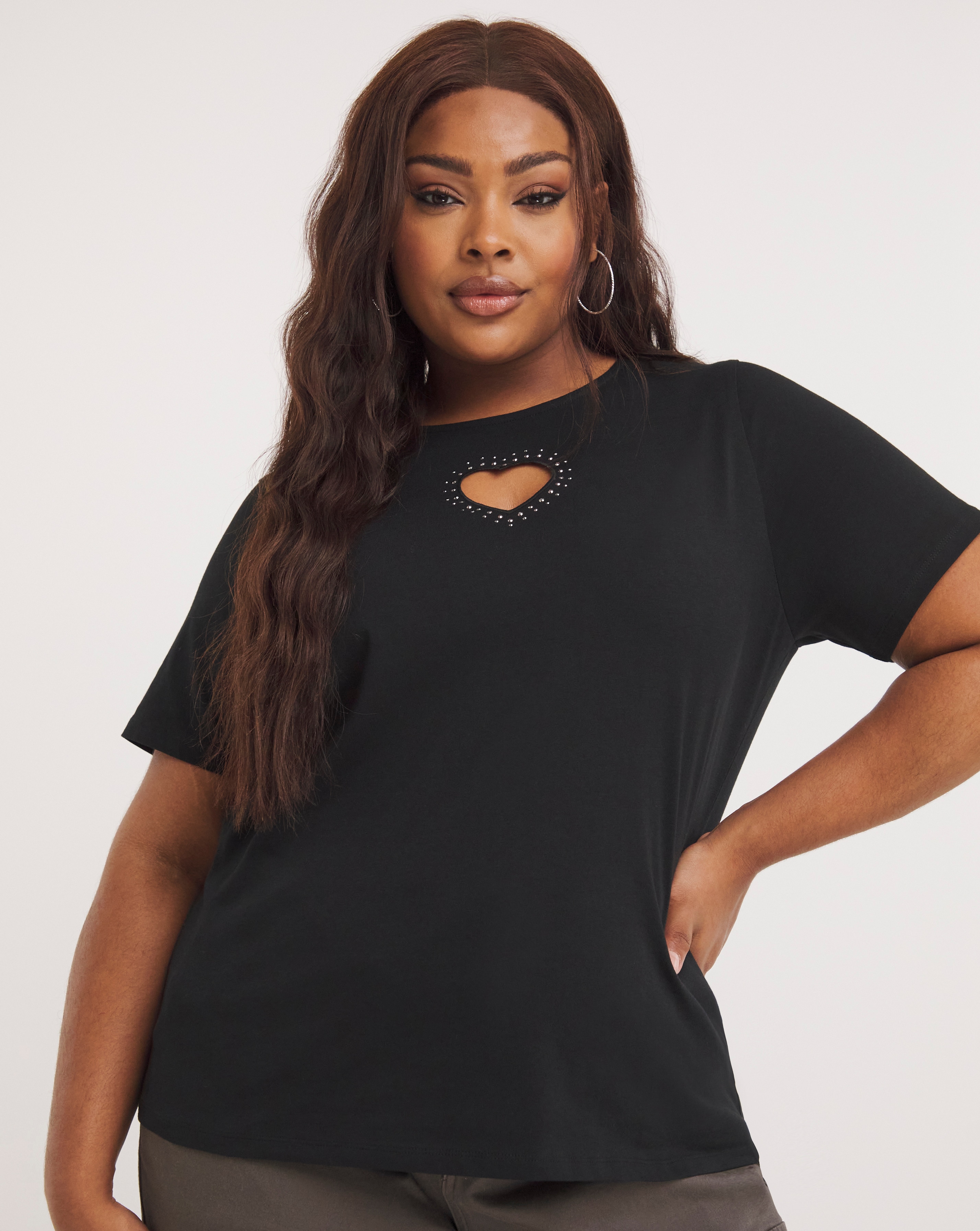 Black - Women's - Balck Diamante Heart Cut Out Tee - Size 10