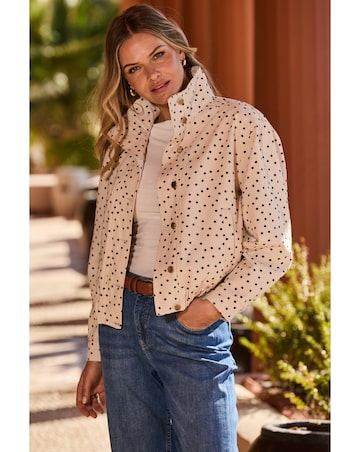 Sosandar Funnel Neck Polka Dot Denim Jacket With Gold Trims