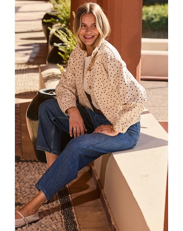 Sosandar Funnel Neck Polka Dot Denim Jacket With Gold Trims