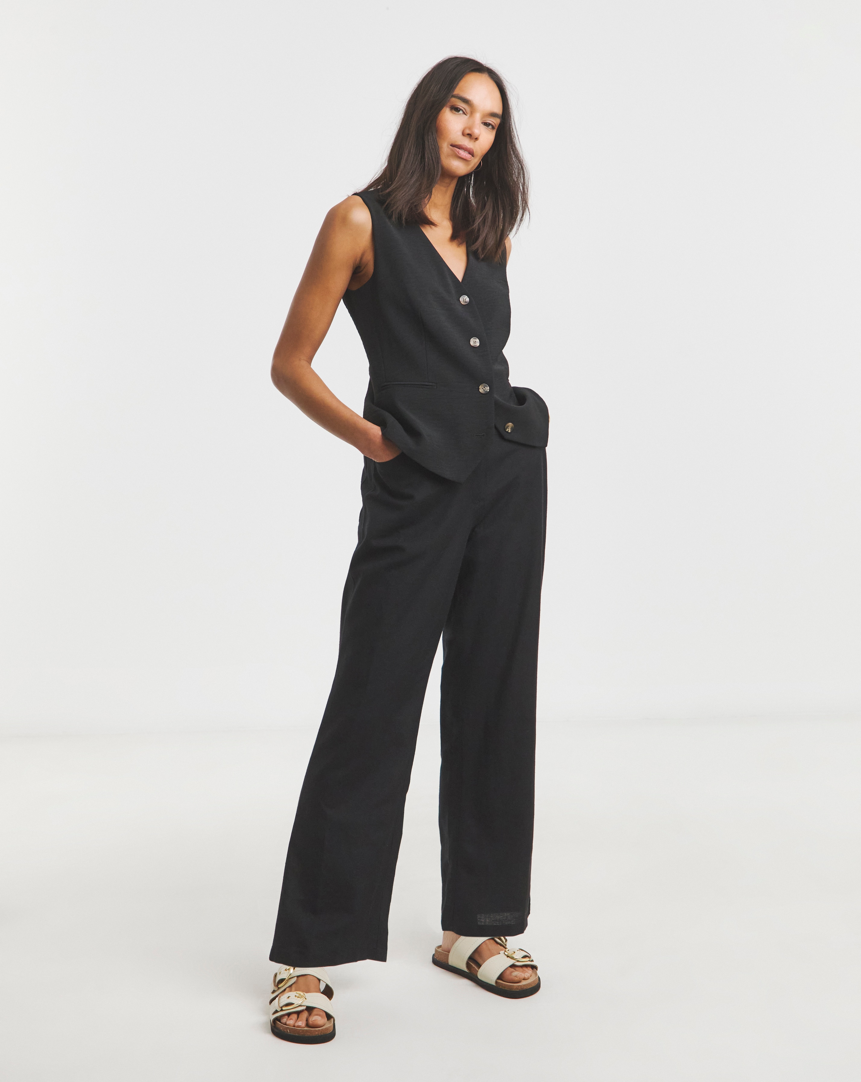 Black Linen Mix Blend Dad Trouser