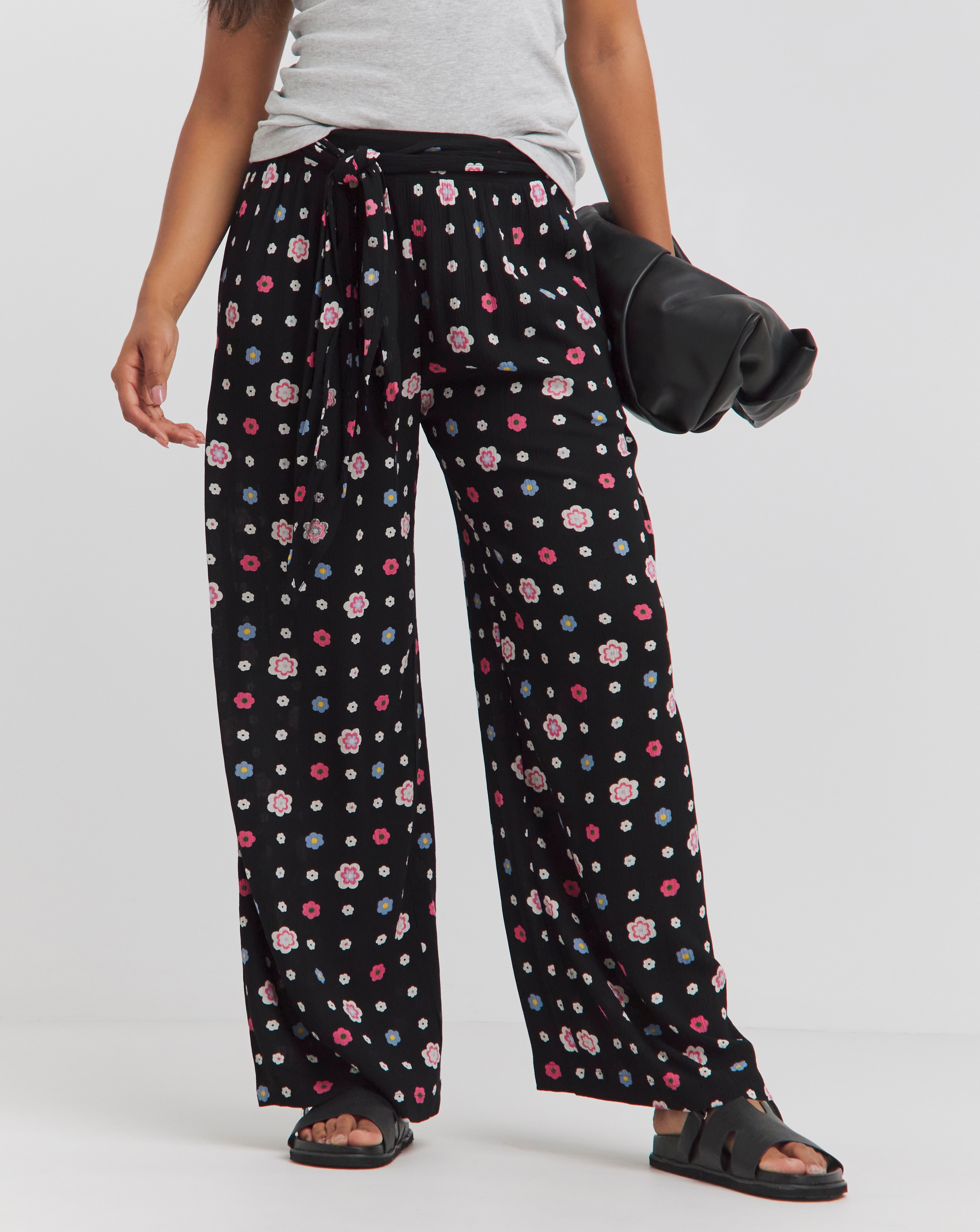 Crinkle Tie Waist Wide Leg Trouser