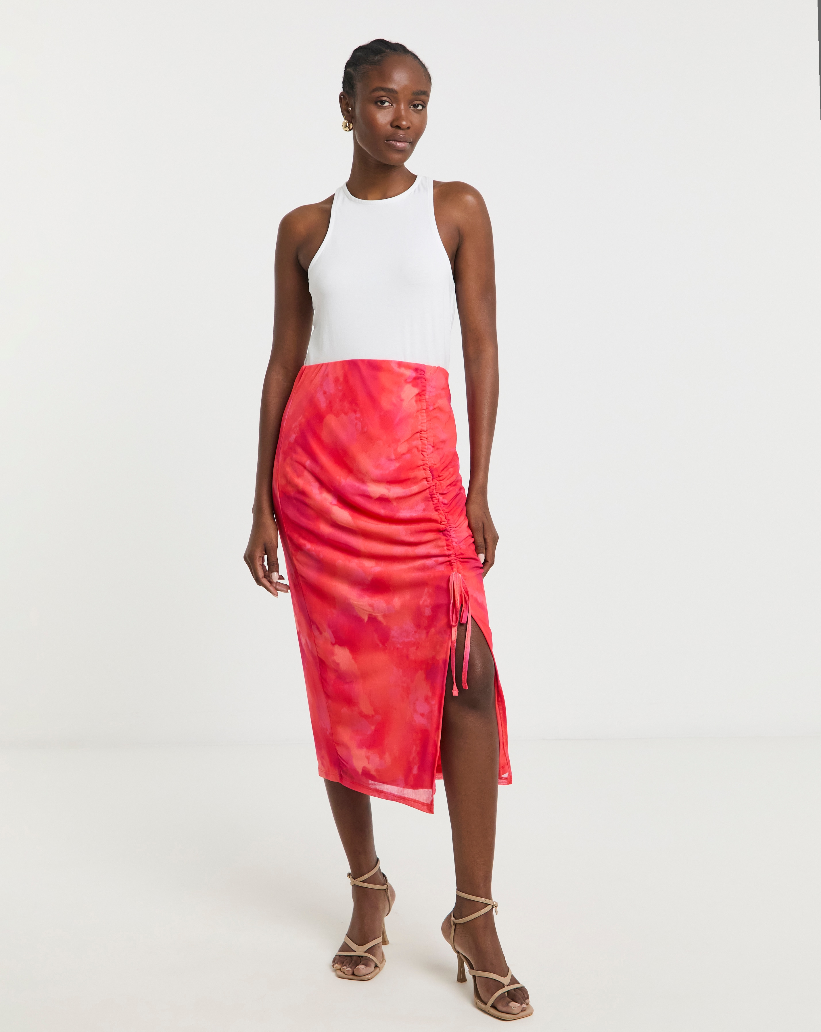 Mesh Overlay Ruched Side Midi Skirt