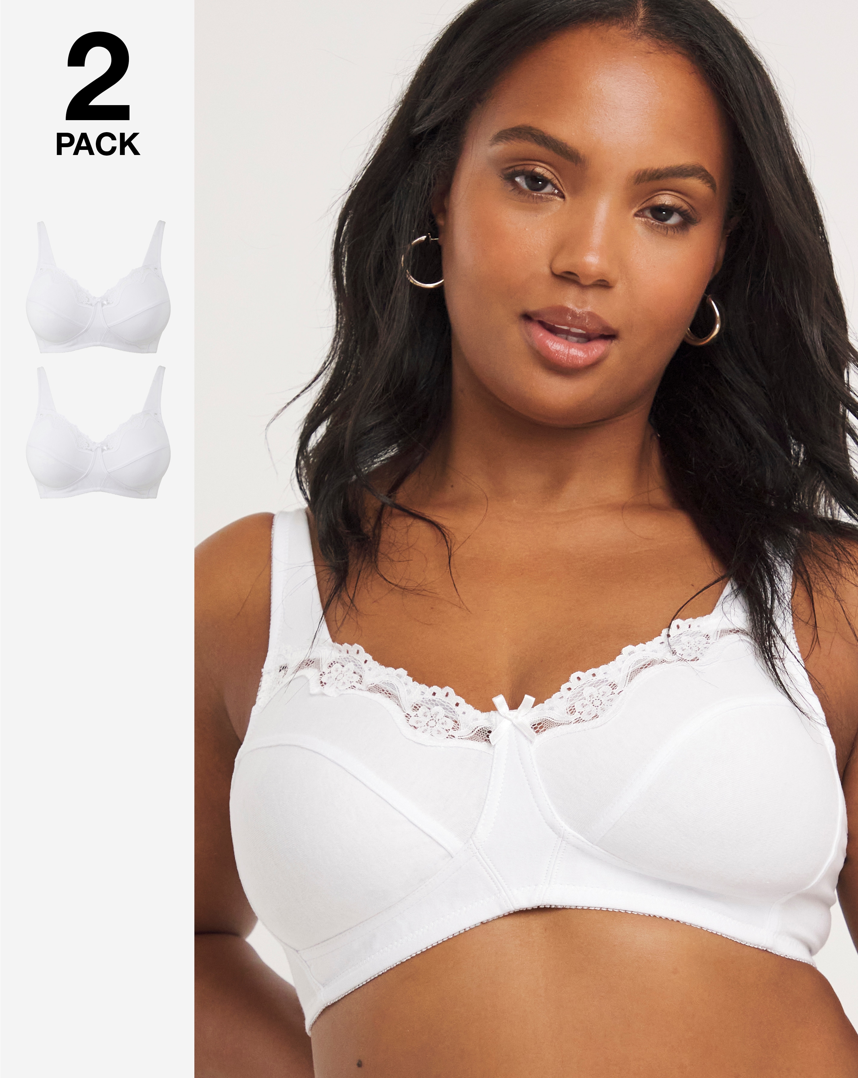2 Pack White/White Non Wired Bra, Womens, Size 36E