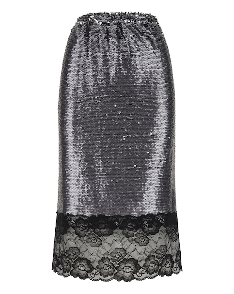 Lace Hem Sequin Pencil Skirt - Charcoal/Black