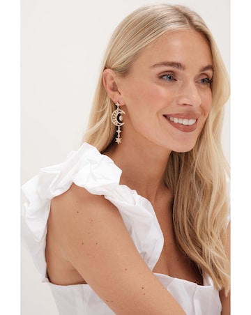 Mood Gold Crystal And Pearl Moon Charm Drop Earrings
