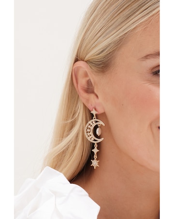 Mood Gold Crystal And Pearl Moon Charm Drop Earrings