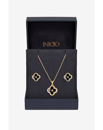 Inicio Gold Plated And Jet Enamel Clover Set - Gift Boxed