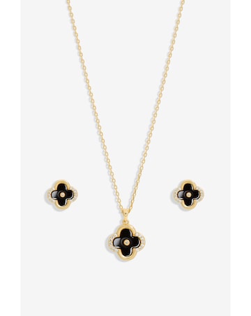 Inicio Gold Plated And Jet Enamel Clover Set - Gift Boxed