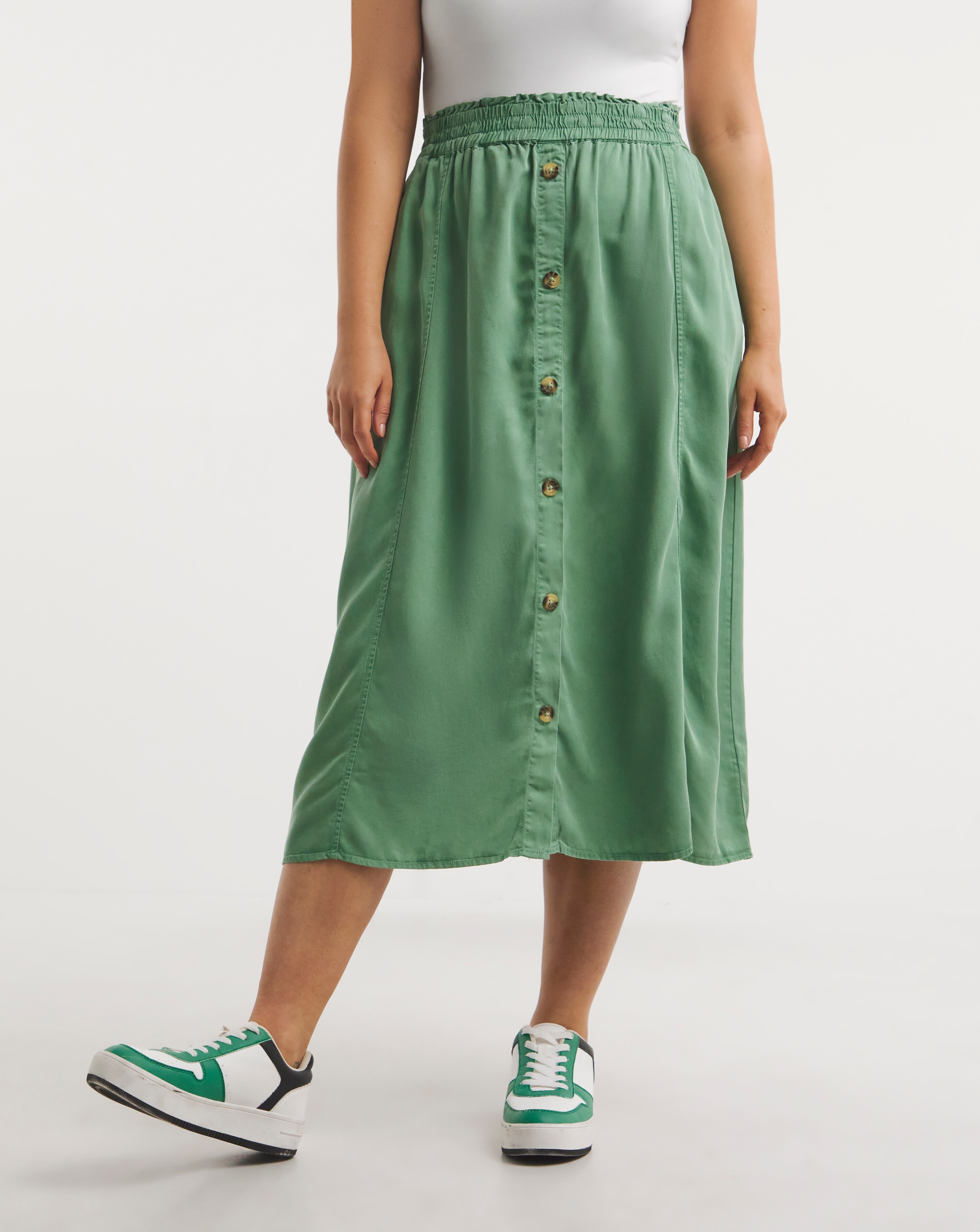 green button front skirt