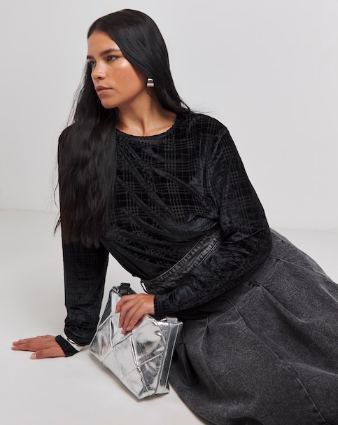 Velvet Check Burn Out Top - Black