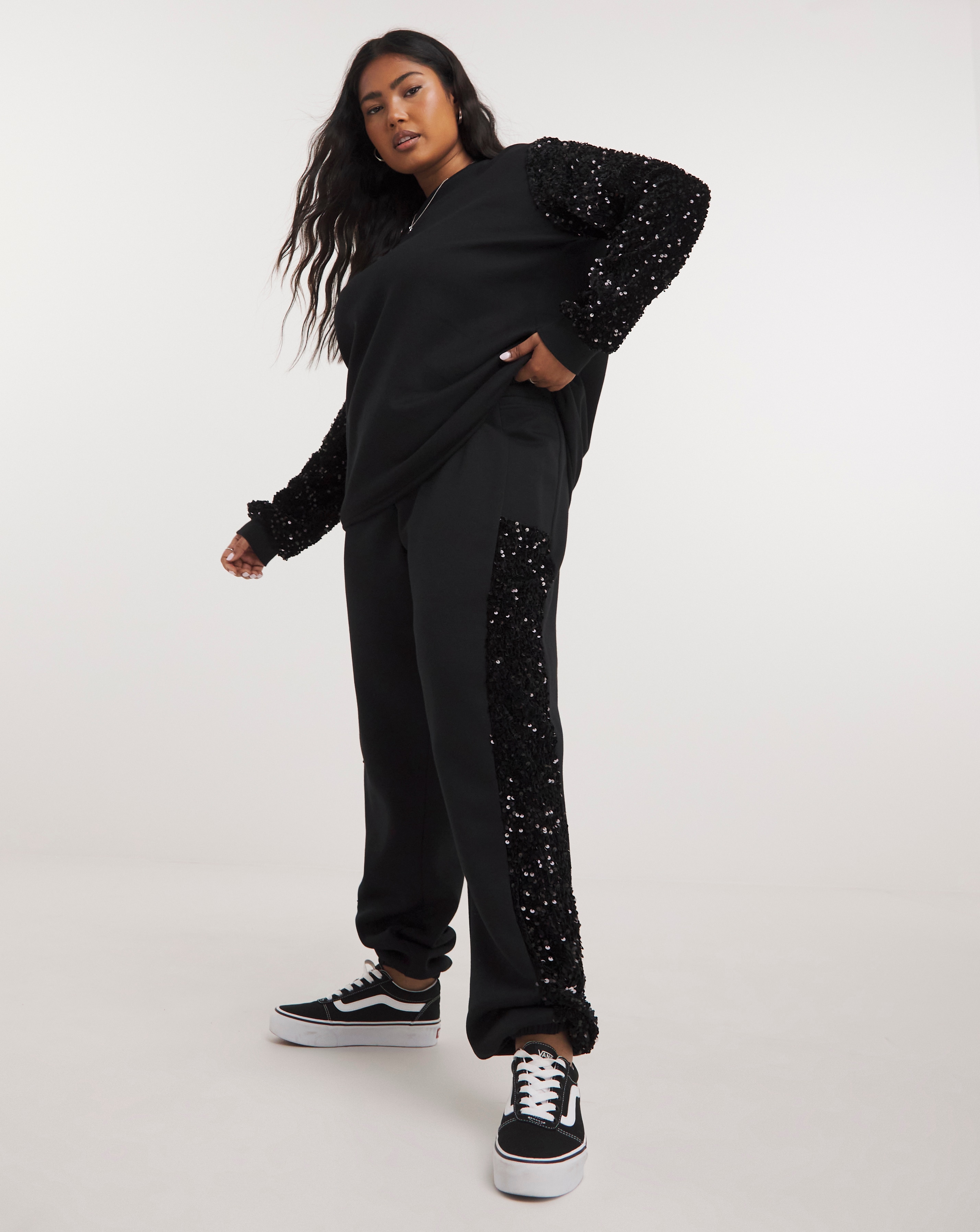 Black Sequin Stripe Joggers