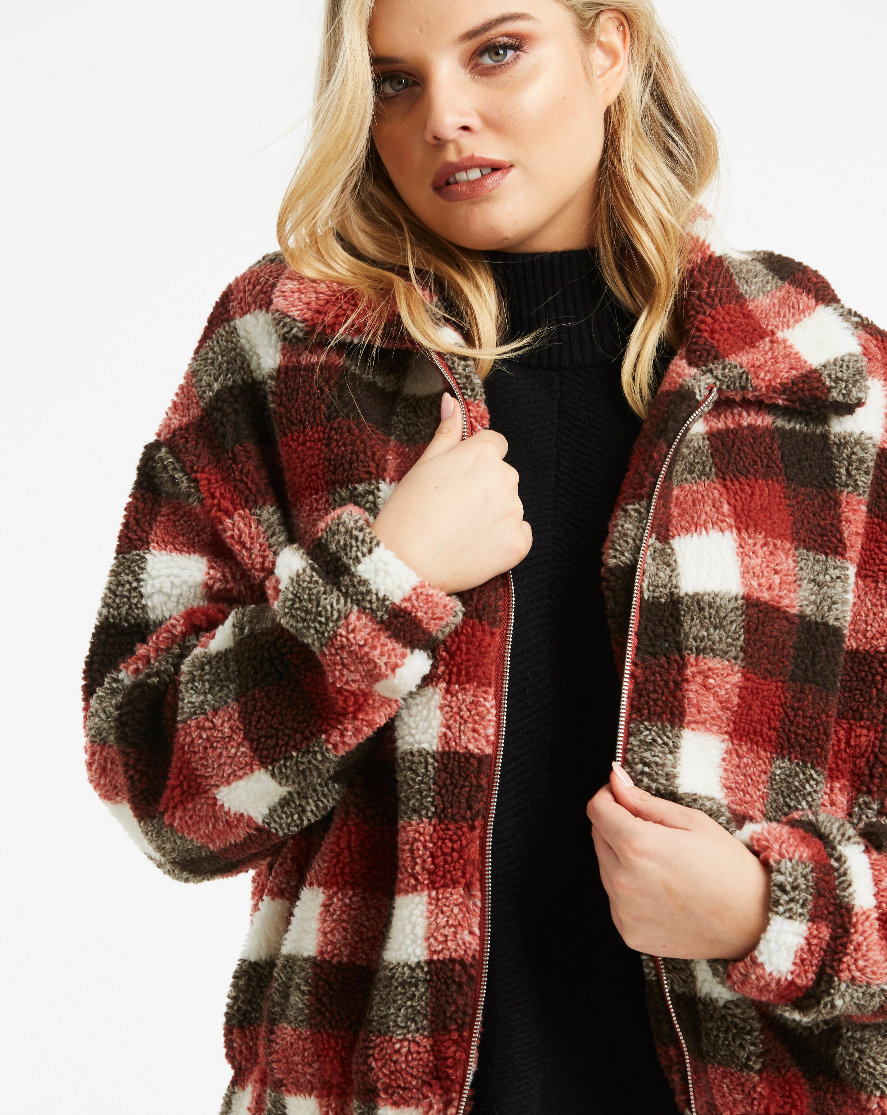 Lasula Checked Teddy Faux Fur Jacket Simply Be